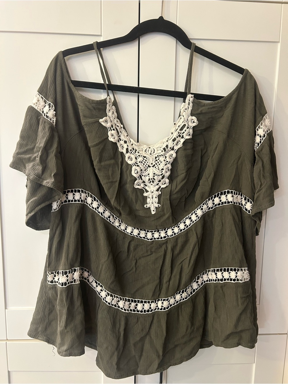 Maurices Olive Green Off-Shoulder Lace-Trim Tunic